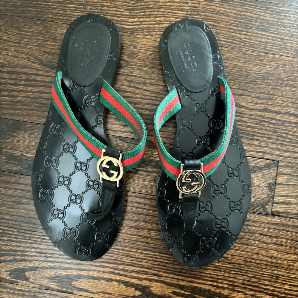 Gucci Black Sandals with Red and Green Straps